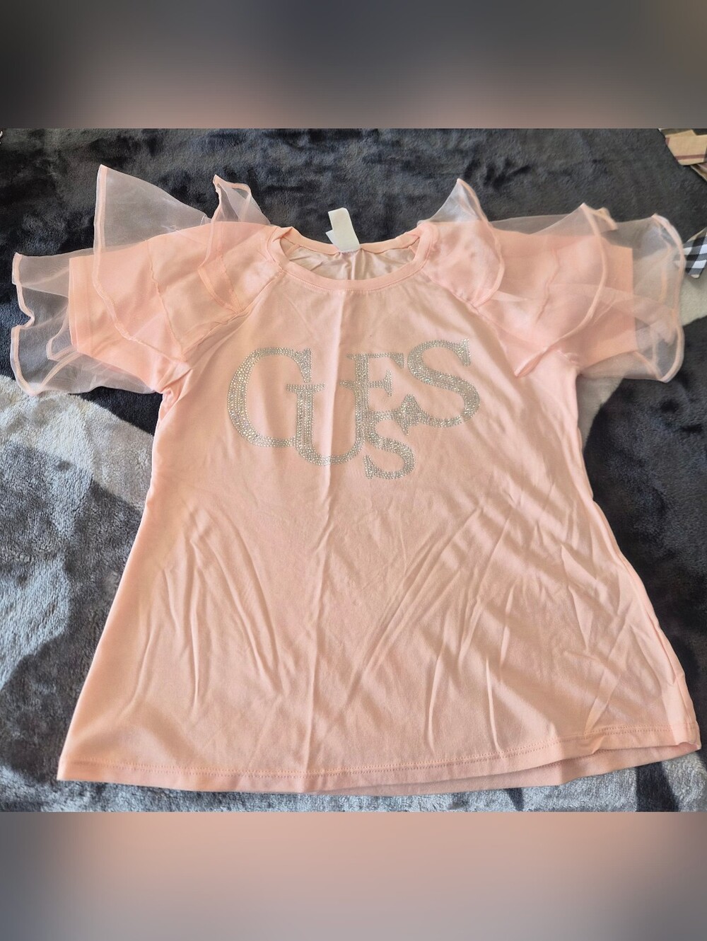 GUESS Pink Sheer Ruffle Sleeve Tee with Rhinestone Logo